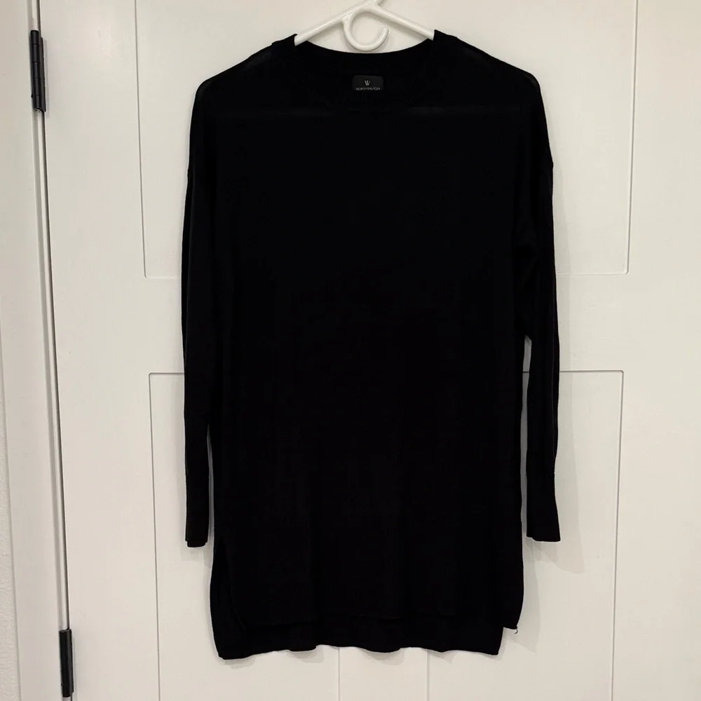 🌻3/$25 Worthington Womens Black Crewneck Tunic Sweater Side Slit Long Sleeve